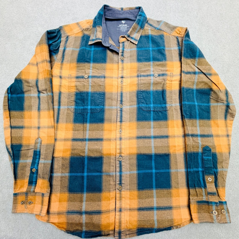 Kuhl Mens Plaid Flannel Button Down Shirt Yellow Blue Medium 7202 Long Sleeve